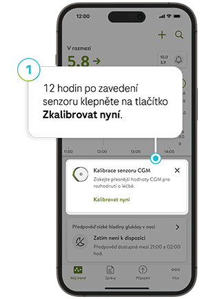 Snímek obrazovky tlačítka Zkalibrovat nyní modulu Přehledy glukózy mySugr.