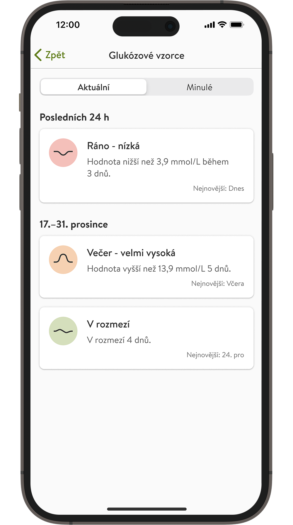  Aplikace mySugr zobrazující týdenní souhrn detekovaných glukózových vzorců, včetně ranní nízké hladiny glukózy, večerní vysoké hladiny glukózy a glykemické události v rozmezí.