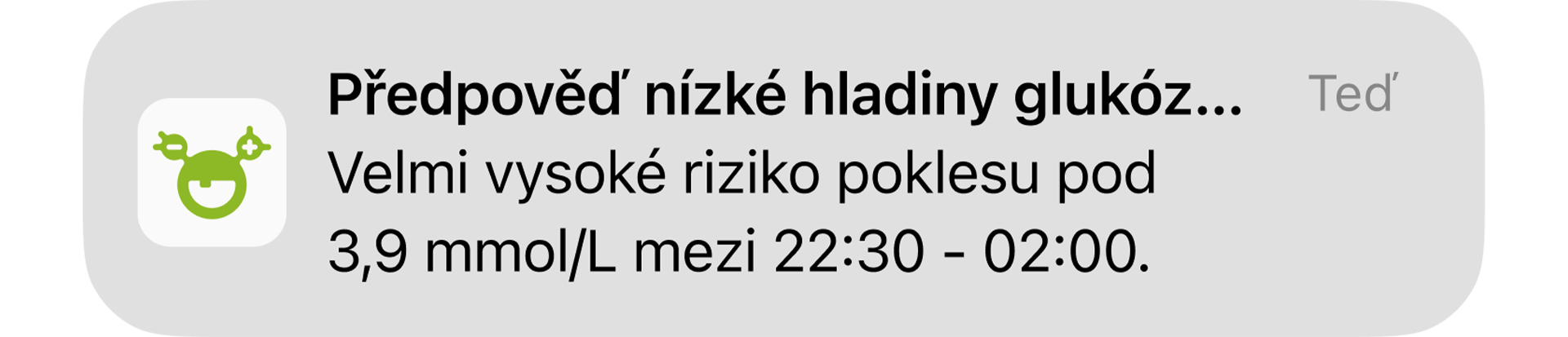 “ Vyskakovací okno „Předpověď nízké hladiny glukózy v noci“ informuje uživatele o velmi vysokém riziku hypoglykémie v noci.