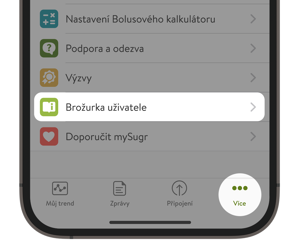 Snímek obrazovky sekce Nápověda v aplikaci mySugr s vyznačenou brožurkou uživatele.