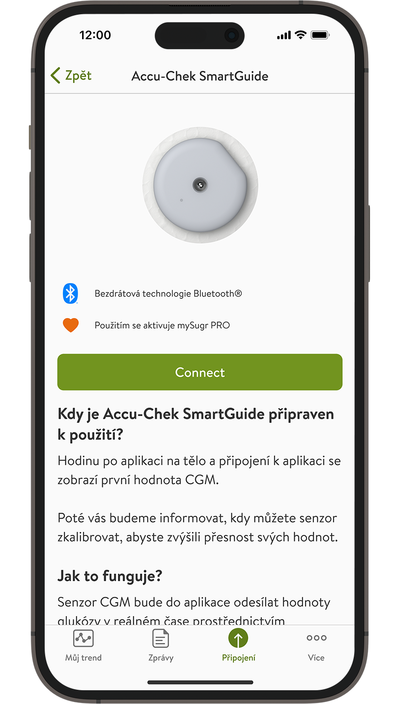 Snímek obrazovky „Připojení“ aplikace mySugr