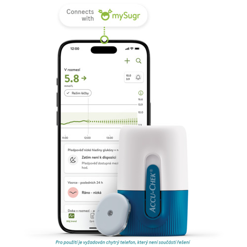 Řešení Accu-Chek® SmartGuide CGM používá aplikaci mySugr k zobrazení naměřených hodnot glukózy, trendů a dalších informací.