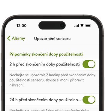 Snímek obrazovky aplikace mySugr zobrazující Připomínky vypršení použitelnosti senzoru.